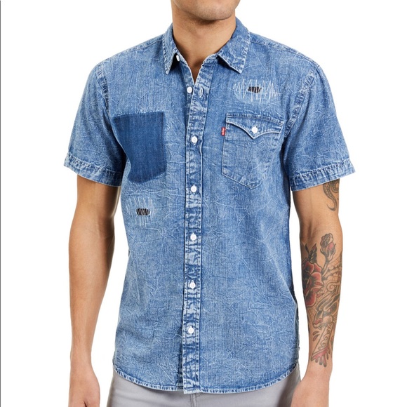 distressed denim button up shirt